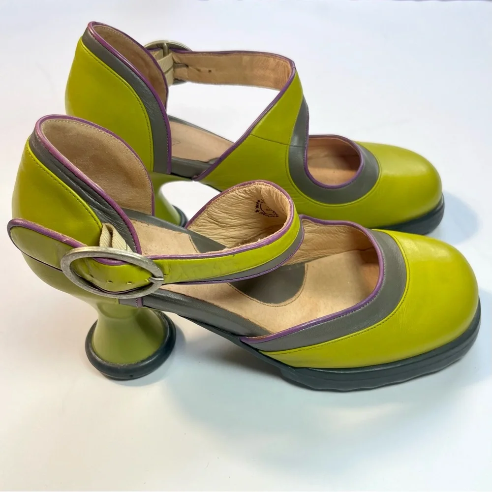 SOLD Fluevog Elif Mary Jane Mini Heels Shoes Olive Green Purple Buckle Strap - Picture 6 of 14